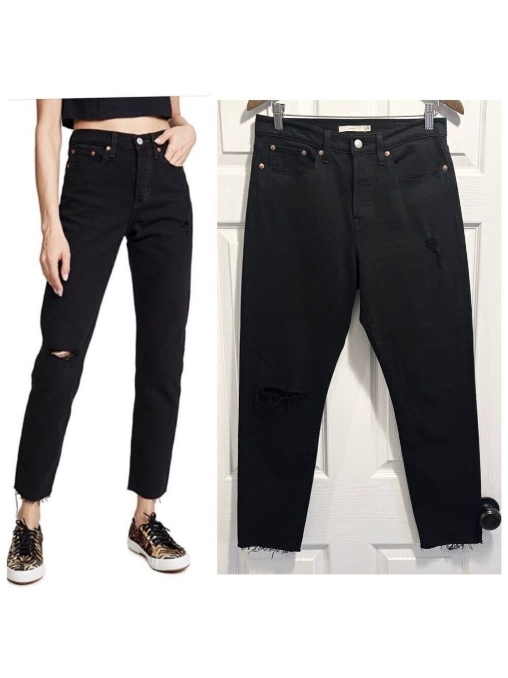 Levis Wedgie Jeans Black Distressed High Rise Frayed Raw Hem Size 28